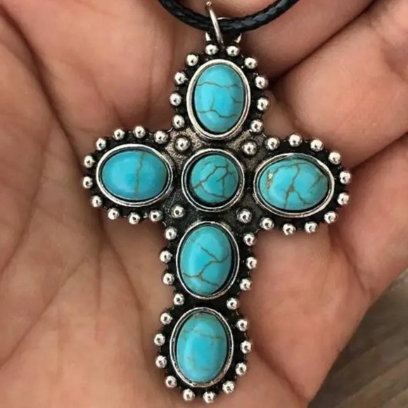 Jewelry - Turquoise Cross Shape Pendant Necklace Silver Blue Black 16" Long Adjustable New